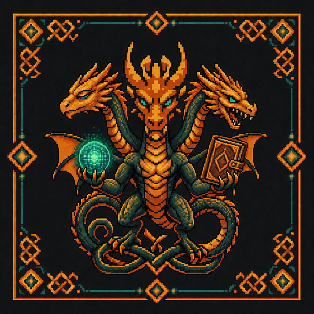 Balaur crest — a three-headed balaur holding a glowing teal data-orb in a woven folk frame